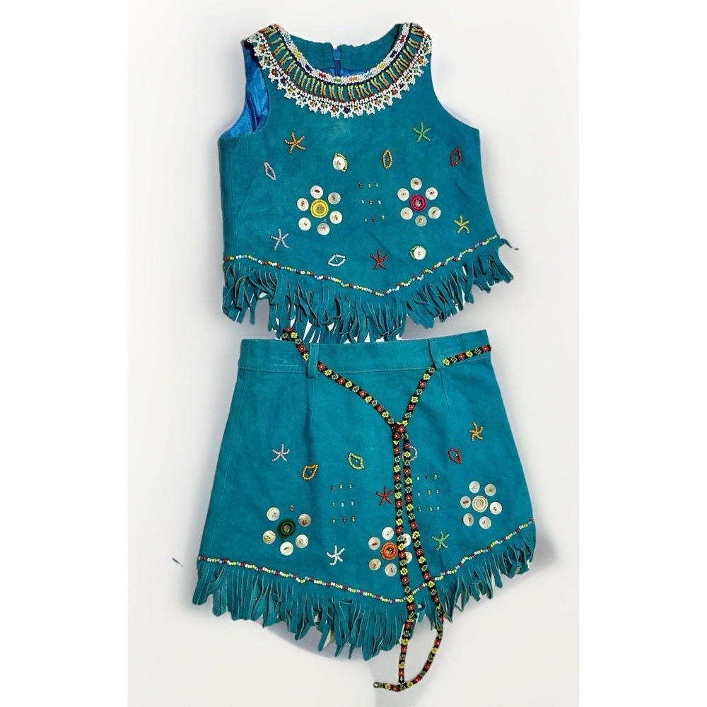 Attitude Skirt Set Blue Turquoise Leather Southwestern Handmade Toddler Sz 3